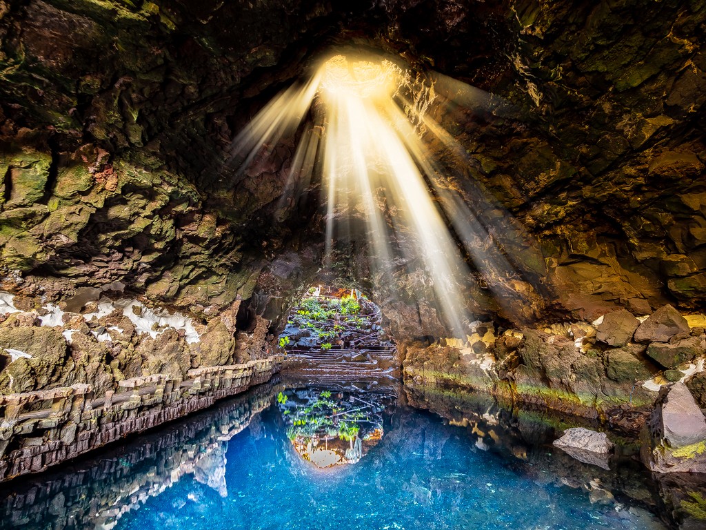 Cave Jameos del Agua, natural cave and pool created by the eruption of the Monte Corona volcano in Lanzarote, Canary Islands, Spain