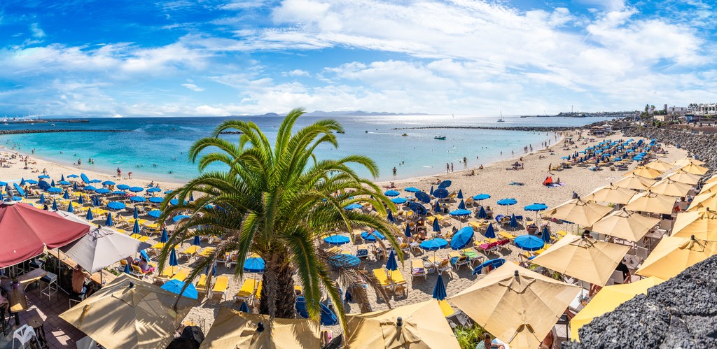 Lanzarote, Spain - October 10, 2019: Landscape with Playa Blanca and Dorada beach, Lanzarote, Canary Islands, Spain