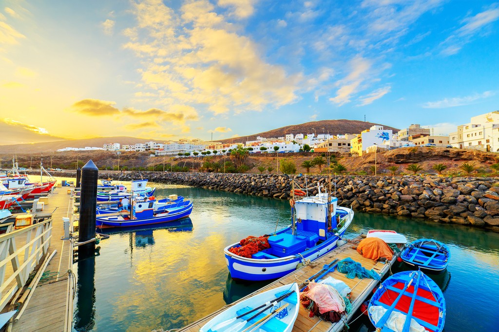 Sunset over a port in Gran Tarajal, Fuerteventura, Canary islands