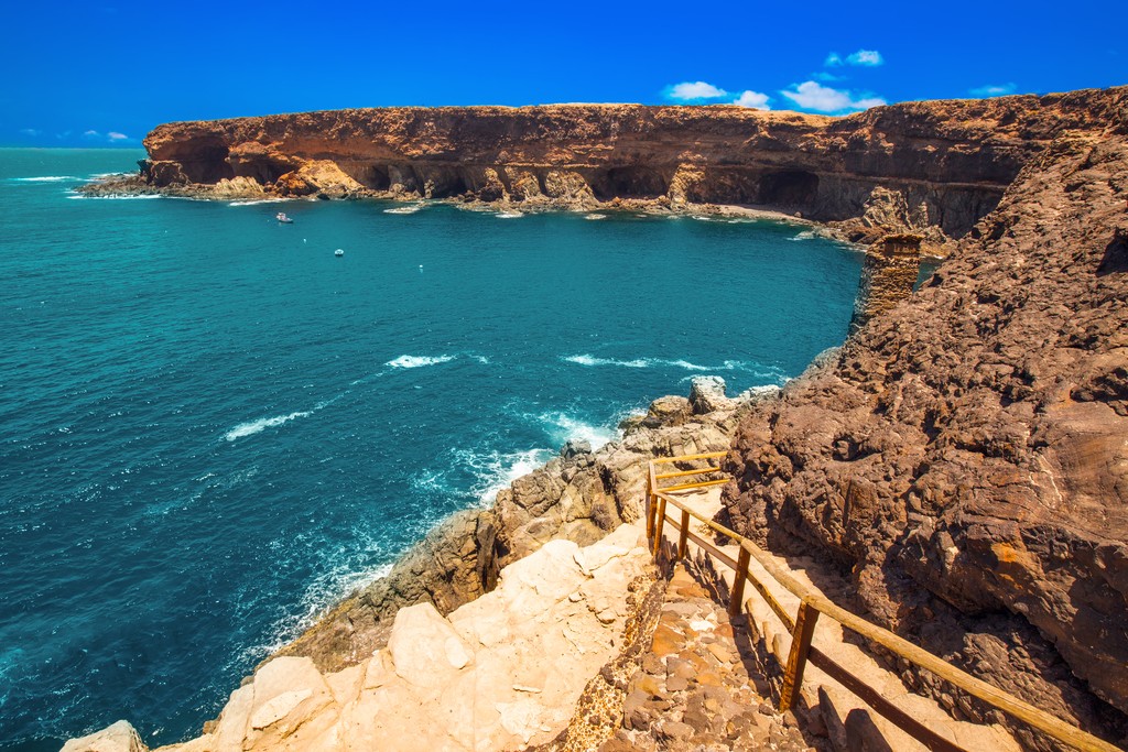 View to Ajuy coastline with vulcanic mountains on Fuerteventura island, Canary Islands, Spain.