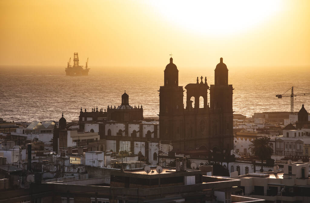 Aerial view at sunrise of the Cathedral of Santa Ana in the neighborhood of Vegueta on Las Palmas de Gran Canaria, Canary Islands, Spain.