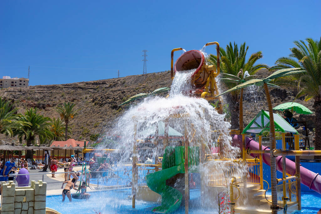 Gran Canaria, Spain - July, 2020: Water slides of the Maspalomas water park on the island of Gran Canaria