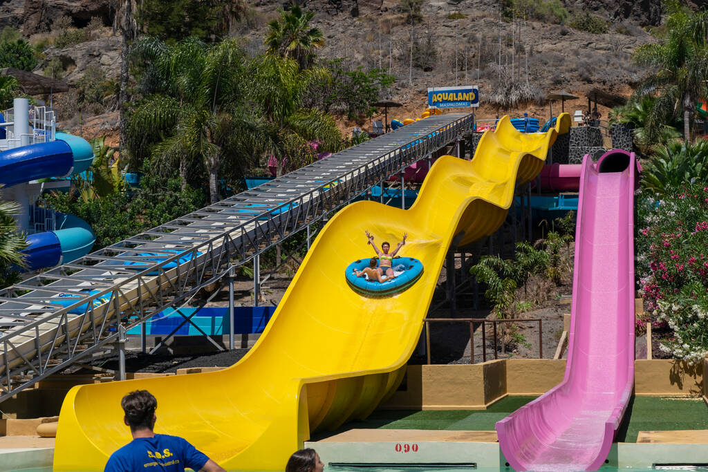 Gran Canaria, Spain - July, 2020: Water slides of the Maspalomas water park on the island of Gran Canaria