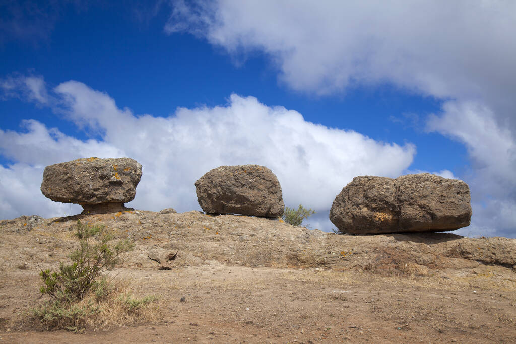 Inland Gran Canaria, April, Las Tres Piedras, three eroded rocks on the top of small mountain range, symbol of Santa Brigida municipality 