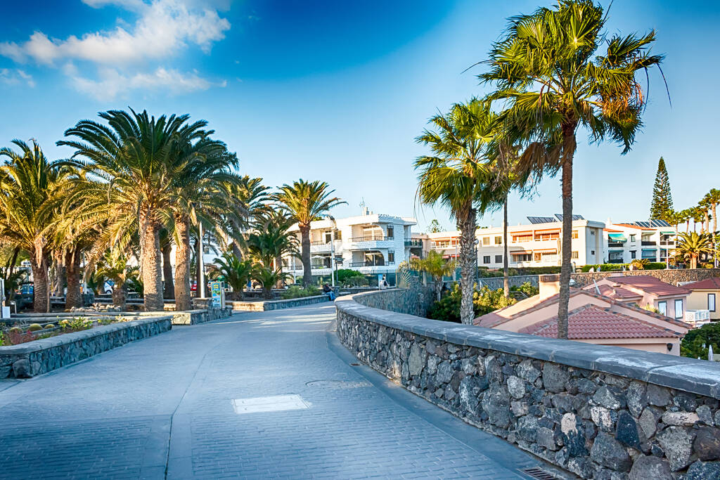 Playa del Ingles, Spain - January 22 2019: View of Beach Boulevard in Playa del Ingles, Maspalomas, Gran Canaria, Spain.
