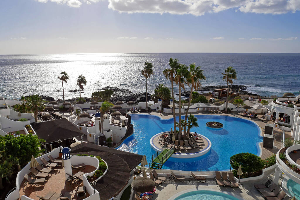 TENERIFE, CANARY ISLANDS, SPAIN - DECEMBER 7, 2017: Beautiful pool at Santa Barbara ocean club resort in Tenerife, Canary Islands. SPAIN.