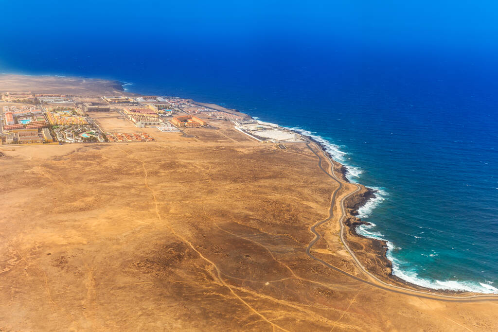 Airplane view to Costa de Antigua, Fuerteventura, Spain. 