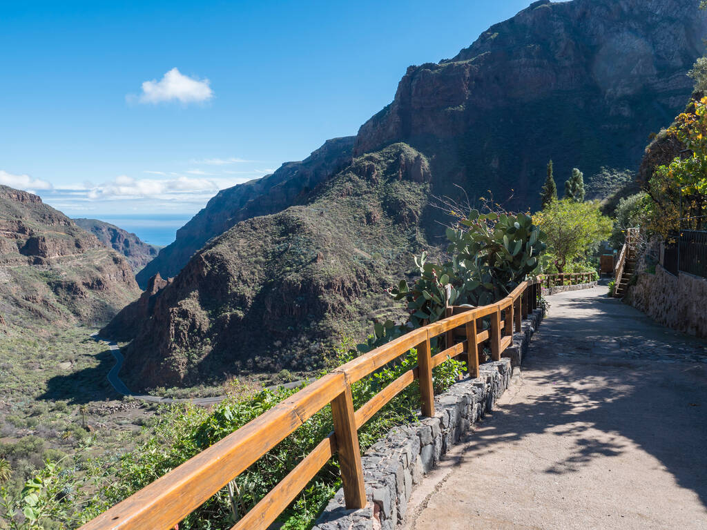 Barranco de Guayadeque ravine view from Montana de las Tierras with winding road towards ocean. Gran Canaria, Canary Island, Spain. Sunny day, blue sky, white clouds background