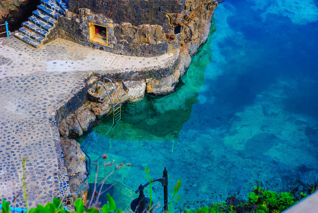Charco Azul in La Palma. Turquoise Lagoon, Top View from Above. Canary Islands.