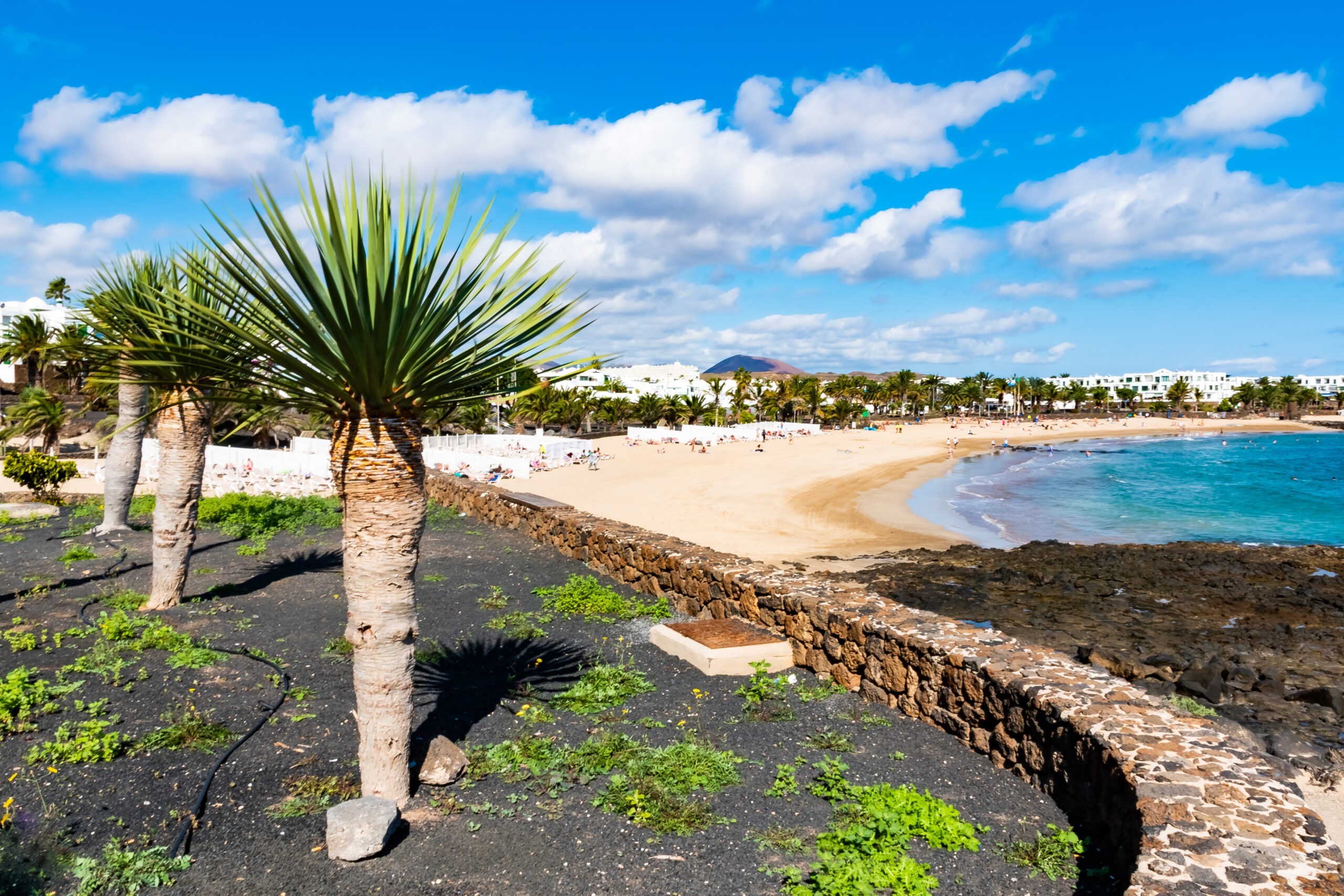 Piaszczysta plaża w Costa Teguise, Lanzarote, Wyspy Kanaryjskie, Hiszpania