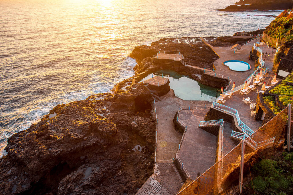Natural pools in Charco Azul resort on La Palma island on the sunrise in Spain