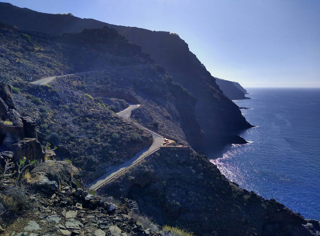 Seascape with road and cliffs in the west coast of La Palma Island. Canary Islands. Spain.