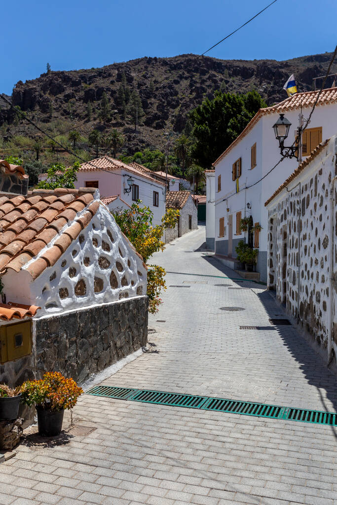 The white houses of the village Fataga in Gran Canaria on a sunny day.