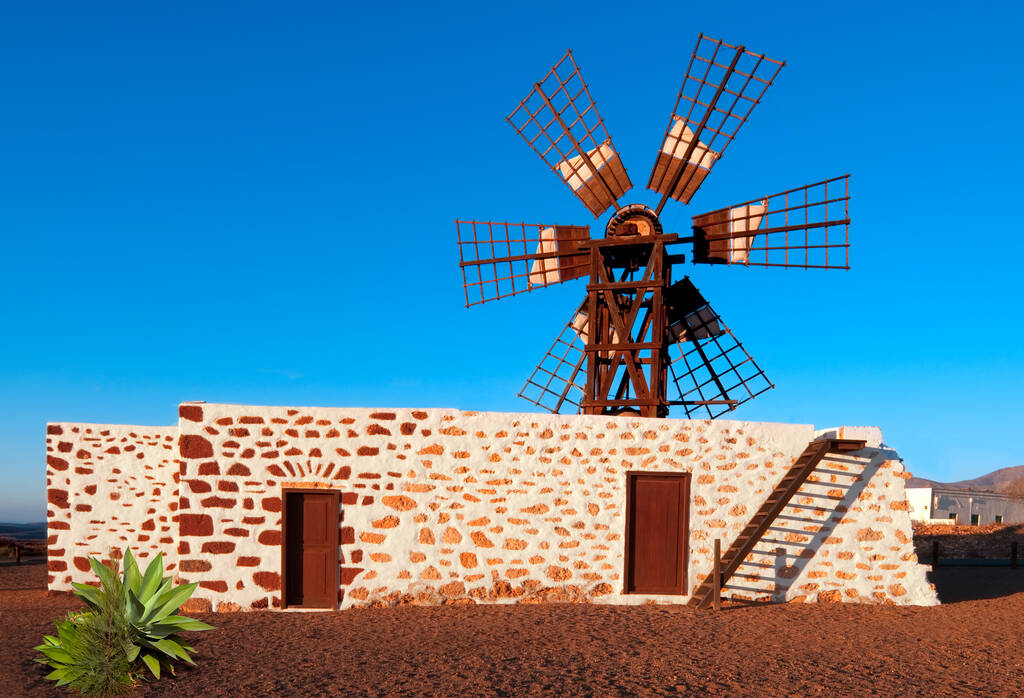 Traditional windmill by La Oliva village, Fuerteventura, Canary islands, Spain