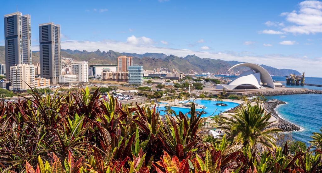 Panorama of the cityscape of the capital city of Tenerife, Santa Cruz de Tenerife, showing the famous futuristic landmark the Auditorium of Tenerife.